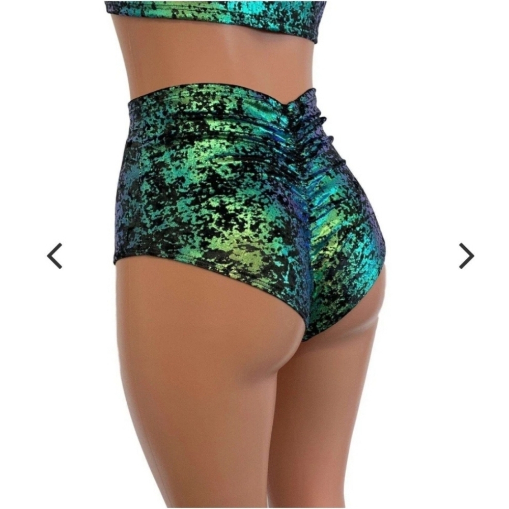 Peridot Clothing High Waist Hot Pants - Metallic Teal Gilded Velvet - Size M